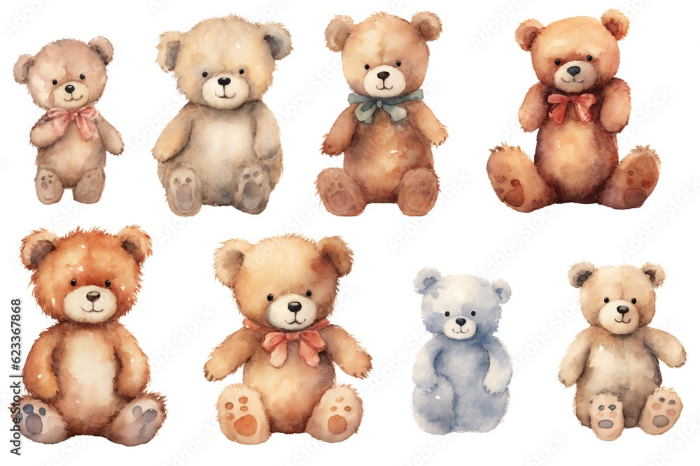Watercolor cute teddy bear clip art on white background Generative AI Watercolor cute teddy bear clip art on white background Generative AI