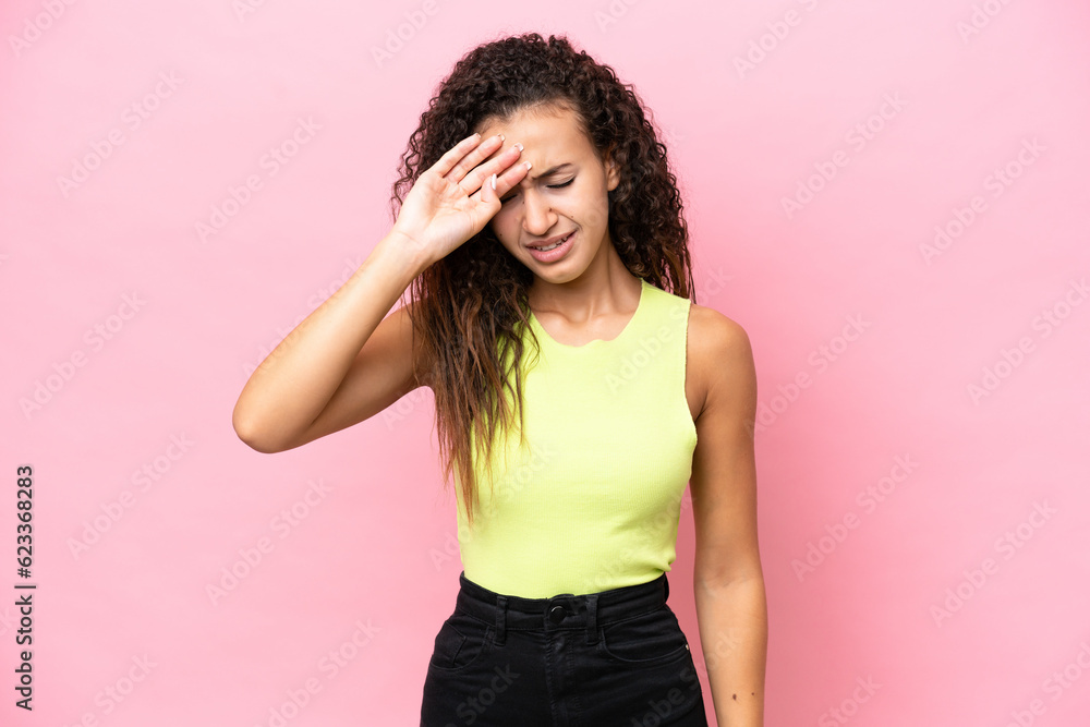 Young hispanic woman isolated on pink background with tired and sick expression Young hispanic woman isolated on pink background with tired and sick expression