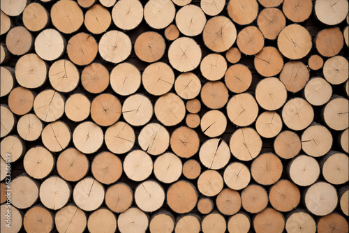 Abstract photo of a pile of natural wooden logs wall as background  top view. Logs are stacked in rows. Wood cut texture background. Generative AI