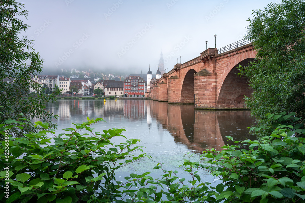 Heidelberg Old Bridge (Alte Brücke) on a misty summer morning
