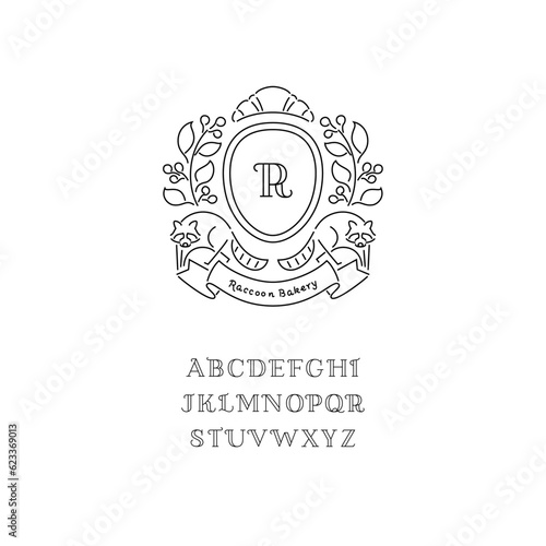 Raccoon, berry and Croissant, thin line vector crest bakery icon illustration.