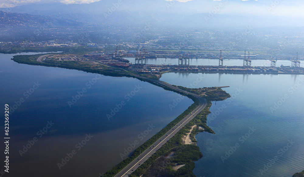 Aerial of the Kingston Wharf, Palisadoes airport road  in Kingston Jamaica