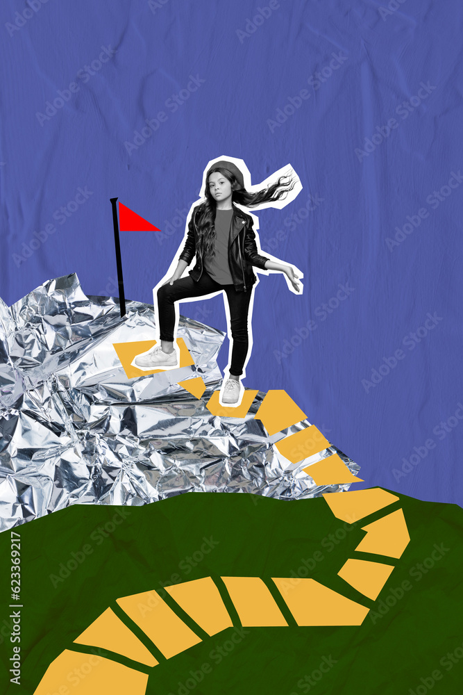 Naklejka premium Vertical collage of mini black white effect girl climb stand mountain top destination flag shrug shoulders isolated on painted background