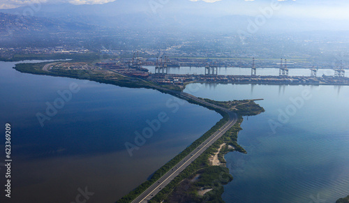 Aerial of the Kingston Wharf, Palisadoes airport road in Kingston Jamaica