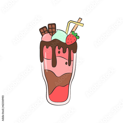 Milkshake vector illustration. Cartoon isolated glass cup with milk drink. Cocktail dessert with chocolate and strawberry cream. Milk shake cartoon
