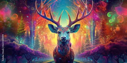 AI Generated. AI Generative. psychedelic stag deer animal. Ink brush draw paint sketch street art vibrant colors. Wild life mammal nature style. Graphic Art