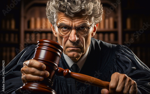 A stern-looking judge holds the hammer he uses to bring order to the courtroom