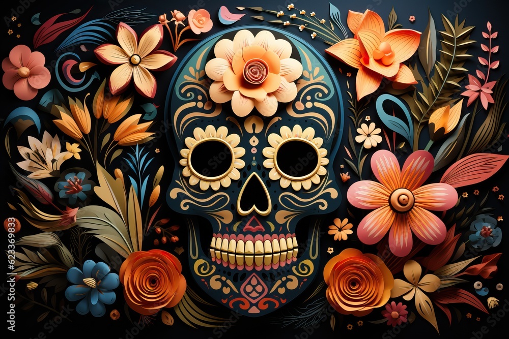 Masque Dia de los Muertos avec des fleurs comme fond, Generative IA Masque Dia de los Muertos avec des fleurs comme fond, Generative IA