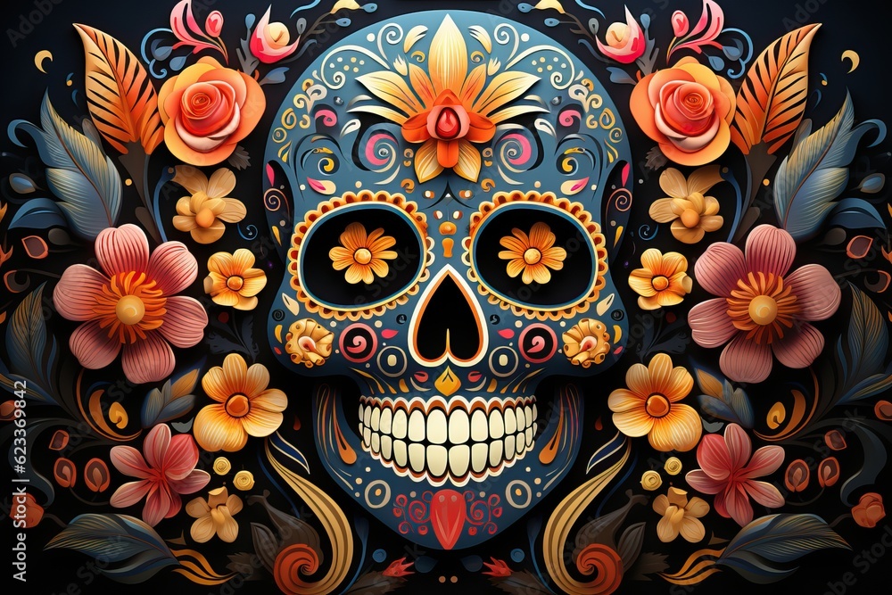 Masque Dia de los Muertos avec des fleurs comme fond, Generative IA Masque Dia de los Muertos avec des fleurs comme fond, Generative IA