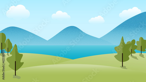 Empty space background, landscape view of hills on the edge of the lake and rows of mountains in the distance. Simple cartoon illustration for family trip and travel, adventure