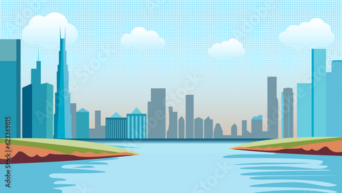 Empty space background, city scape with river or lake. Simple cartoon illustration