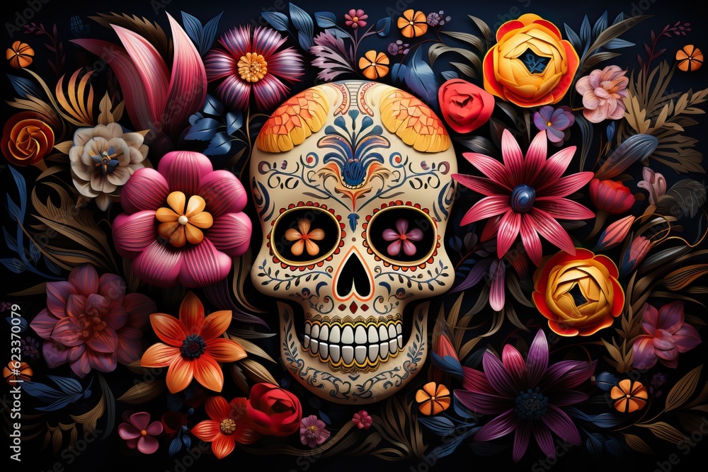 Masque Dia de los Muertos avec des fleurs comme fond, Generative IA Masque Dia de los Muertos avec des fleurs comme fond, Generative IA