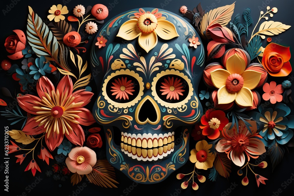 Masque Dia de los Muertos avec des fleurs comme fond, Generative IA Masque Dia de los Muertos avec des fleurs comme fond, Generative IA