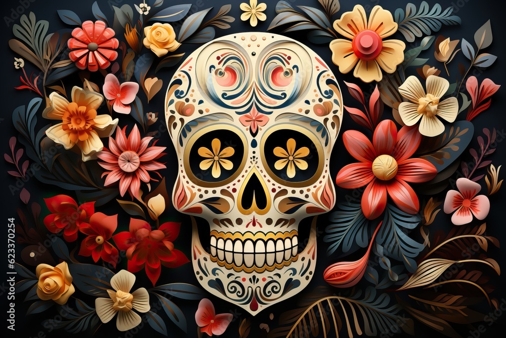 Masque Dia de los Muertos avec des fleurs comme fond,  Generative IA