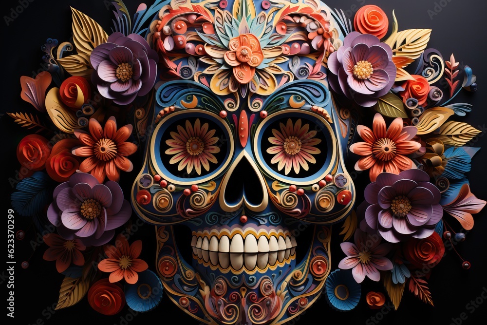 Masque Dia de los Muertos avec des fleurs comme fond,  Generative IA