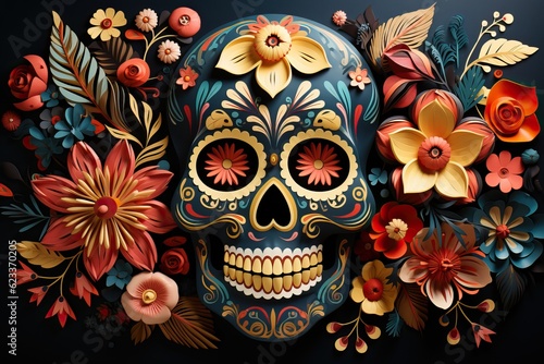 Masque Dia de los Muertos avec des fleurs comme fond, Generative IA