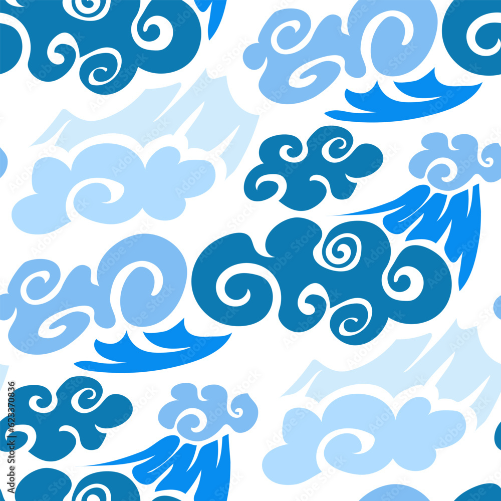 A pattern of blue clouds in Chinese motifs on a white background. Cartoon background, abstract illustration with imitation of Chinese style. Children's background. Printing on textiles and paper A pattern of blue clouds in Chinese motifs on a white background. Cartoon background, abstract illustration with imitation of Chinese style. Children's background. Printing on textiles and paper