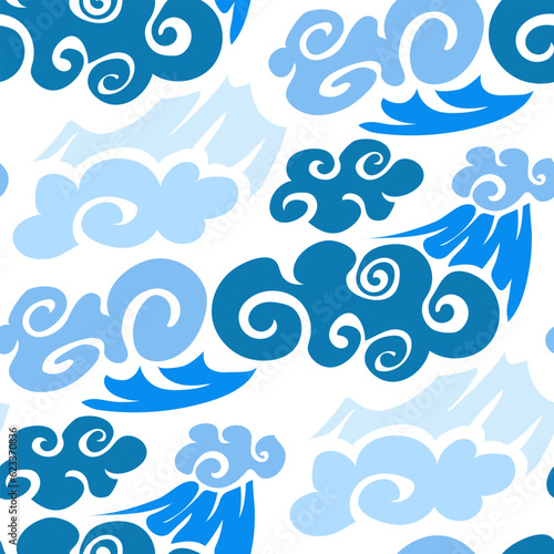 A pattern of blue clouds in Chinese motifs on a white background. Cartoon background, abstract illustration with imitation of Chinese style. Children's background. Printing on textiles and paper