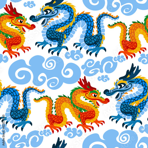 Vector seamless pattern with Chinese dragon and clouds orange and blue. Hand-drawn. Abstract art print. Wallpaper, fabric design, fabric, napkin, textile design template, background. Mythological © Svetlana