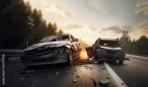 Car crash on highway,auto accident involving two cars on a city street. Traffic collision, cars damaged accident in the city close up
