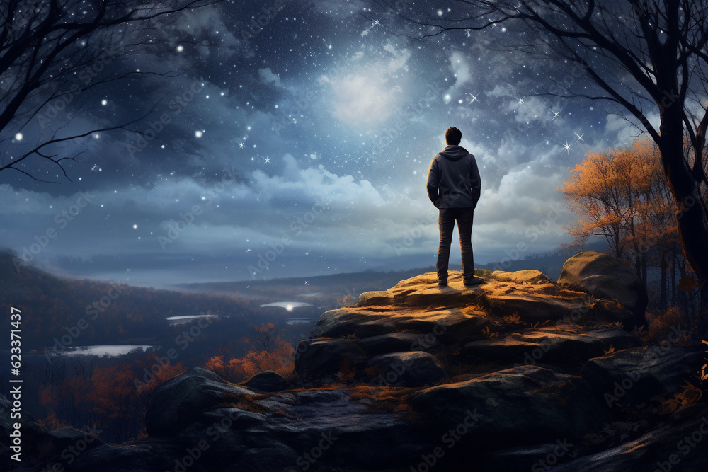 Man standing on the rock outdoors contemplating the starry night and the full moon Man standing on the rock outdoors contemplating the starry night and the full moon