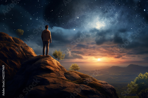 Man standing on the rock outdoors contemplating the starry night and the full moon