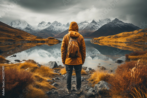 Photo of a person with his back to the camera looking at the torres del paine, Chile