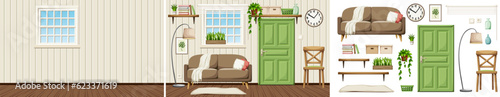 Cozy living room interior with a sofa, a chair, a floor lamp, and houseplants. Empty room and furniture set. Interior constructor. Cartoon vector illustration