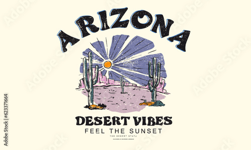 Desert vibes vector. Arizona desert state graphic print artwork for apparel, t shirt, sticker, poster, wallpaper and others. Feel the sunset. desert cactus artwork.
