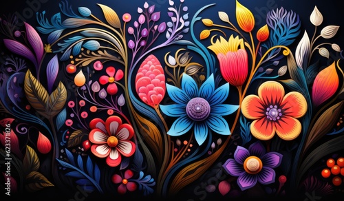 Foto Colorful floral Mandala illustration with colorful lines, Mexican Folklore, bann