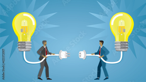 Banner, connecting ideas, research and development. Two men connecting their lightbulbs with shiny ideas. Teamwork, cooperation, supervision. Vector illustration. Dimension 16:9.