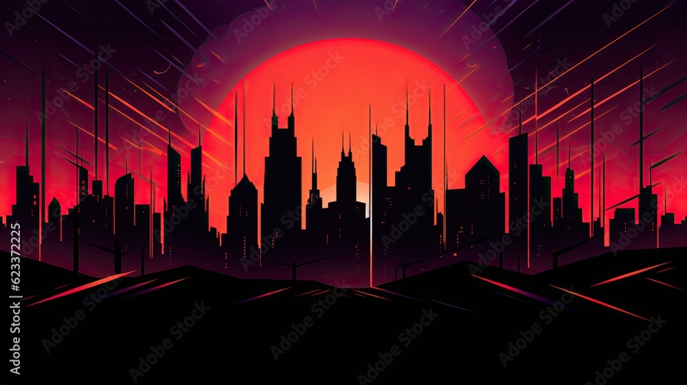 Neon night city of the future. Night panorama of the city,  lights of a large metropolis. Neon Halloween concept. AI illustration..