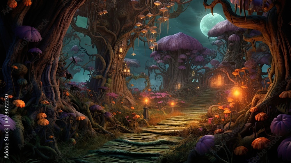 Night magical fantasy forest. Enchanted landscape, neon, with path shining by lantern. Magic nature background. Fairy-tale atmosphere. Mystery beautiful wonderland. AI illustration. .