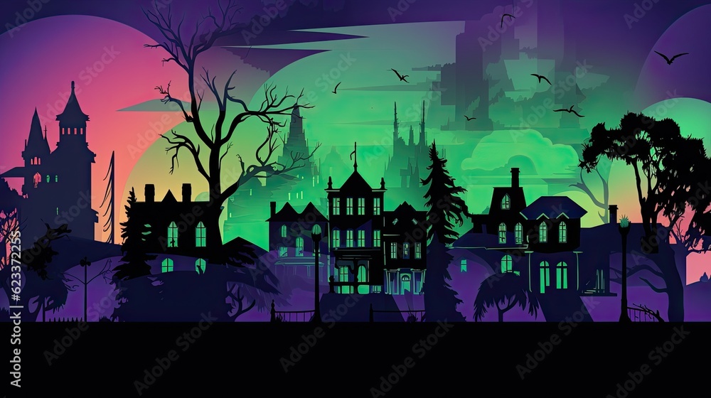 Neon night city of the future. Night panorama of the city,  lights of a large metropolis. Neon Halloween concept. AI illustration..