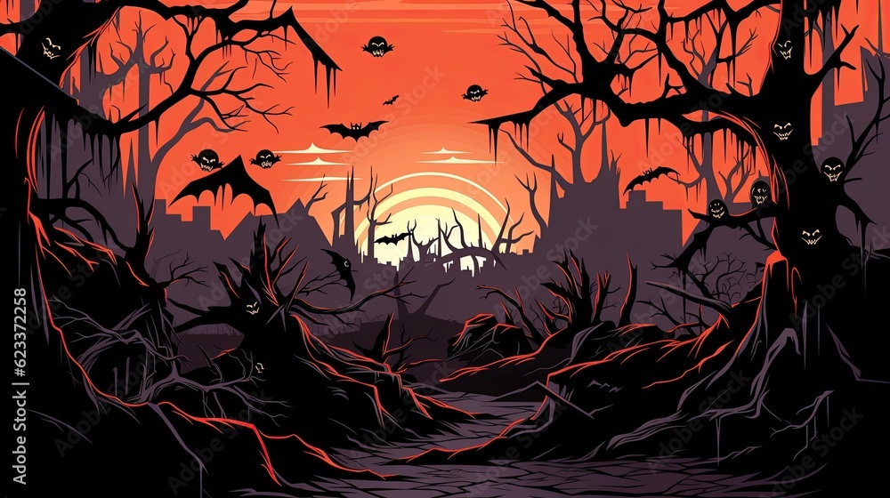 Realistic halloween background with creepy landscape of night sky fantasy forest in moonlight. AI illustration. game background for design, graphics, landscape, print, web, magazine, book, web games.