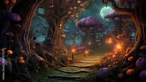Night  magical  fantasy  forest.  Enchanted  landscape  neon   with path shining by lantern. Magic nature background. Fairy-tale atmosphere. Mystery beautiful wonderland. AI illustration. .