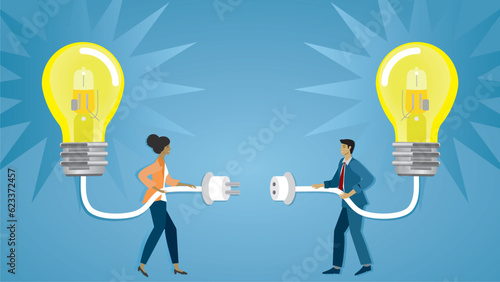 Banner, connecting ideas, research and development. A man and a woman connecting their lightbulbs with shiny ideas. Teamwork, cooperation, supervision. Vector illustration. Dimension 16:9. 