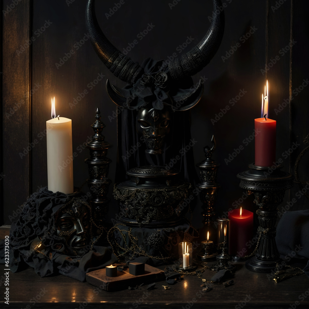 Magical composition with the head of a horned Demon, a candle and other ...