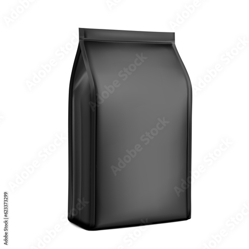 High realistic black vertical stand bag mockup. Vector illustration isolated on white background. Easy to use for presentation your product, idea, promo, design. EPS10.	