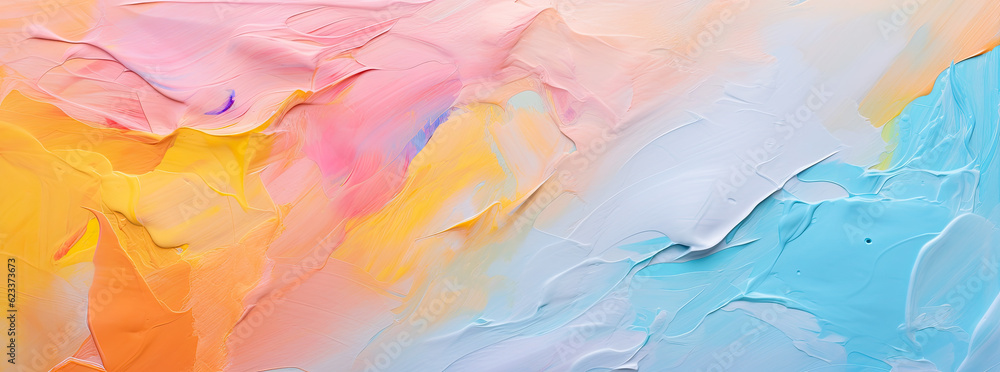 Closeup of abstract rough colorful multicolored art painting texture, with oil brushstroke, pallet knife paint on canvas. Generative AI