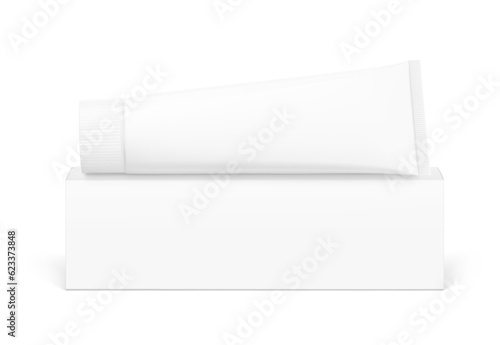 Tube with box set. Can be used for cosmetic, medical, gels, creams, shampoo and pastes. Vector illustration isolated on white background. Taking your flat design into 3D. EPS10.