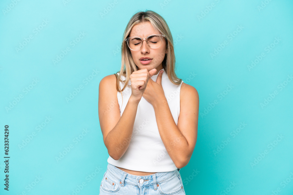 Young caucasian woman isolated on blue background coughing a lot Young caucasian woman isolated on blue background coughing a lot