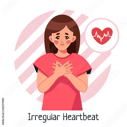 A young woman has an irregular heartbeat. Chest pain, breathing problems. A symptom of heart disease. Vector illustration in cartoon style, isolated on a white background