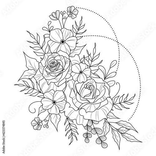 Vector black and white outline simple illustration of rose flowers. Bouquet of flowers for tattoos and for the body. Coloring book antistress.