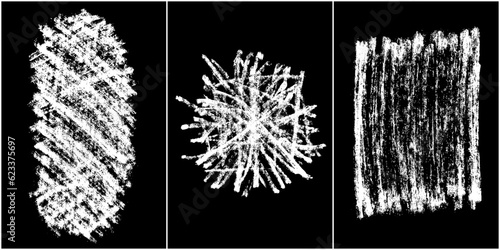 Set of scribble hand drawn in chalk on black background. Shabby white texture. Monochrome stain element. Rusted effect. Digitally generated image. Vector illustration, Eps 10.