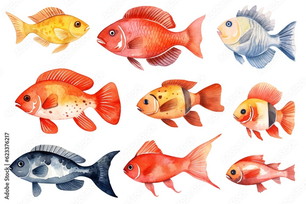 Naklejka premium Watercolor fish clip art on white background Generative AI