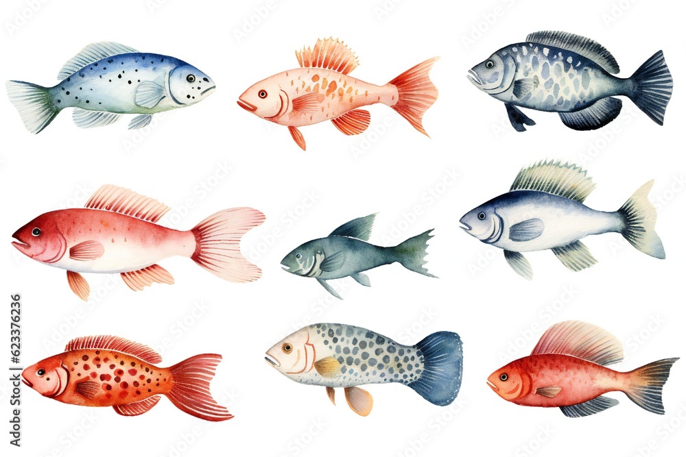 Watercolor fish clip art on white background Generative AI Watercolor fish clip art on white background Generative AI