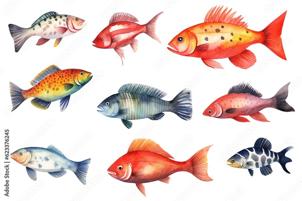 Watercolor fish clip art on white background Generative AI