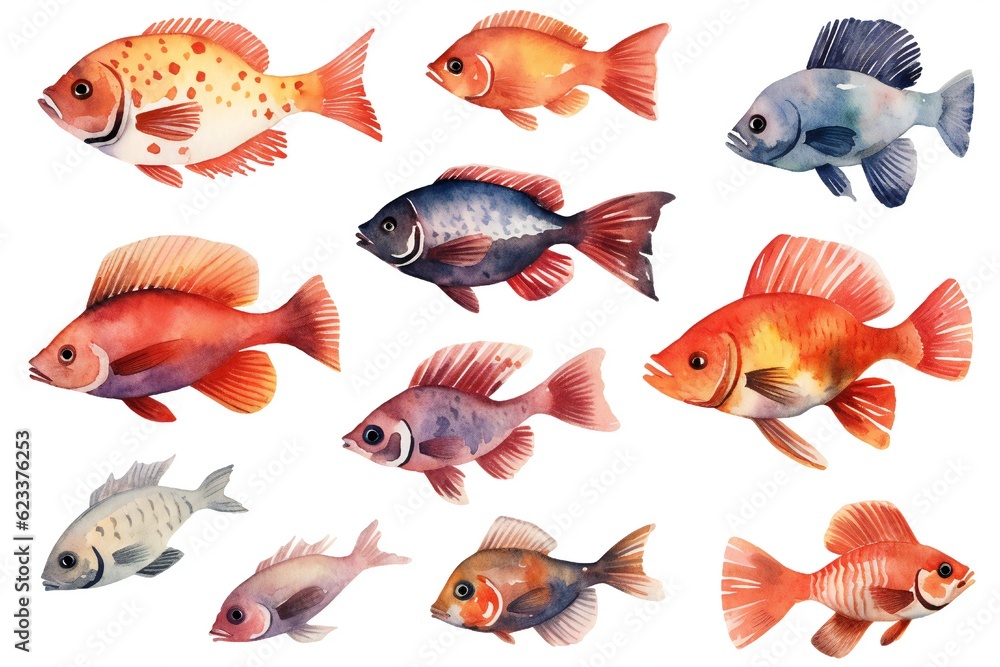 Fototapeta premium Watercolor fish clip art on white background Generative AI