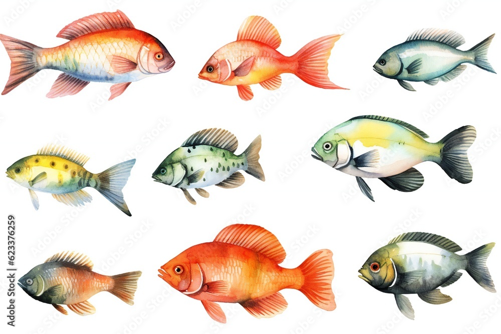 Watercolor fish clip art on white background Generative AI Watercolor fish clip art on white background Generative AI